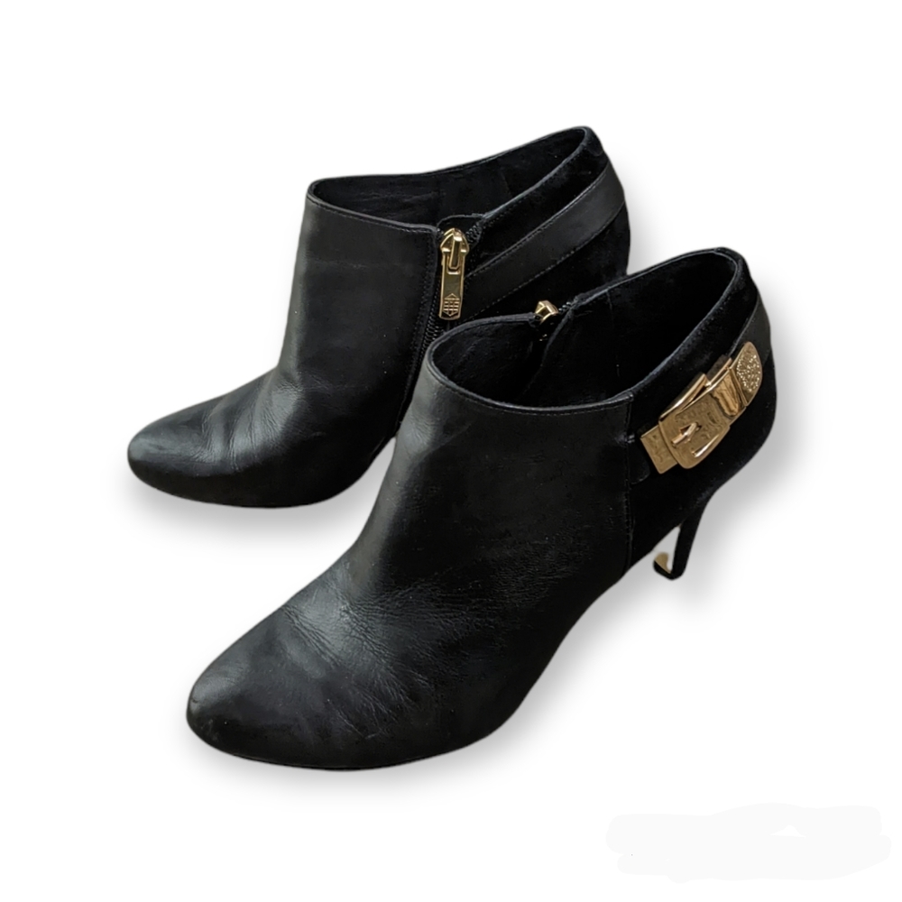 Vince Camuto Genuine Leather Gold Buckle Black Heeled Booties 7